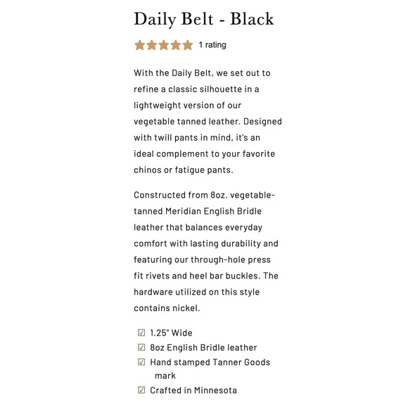 Tanner goods USA men's black leather Daily Belt - Picture 4 of 10